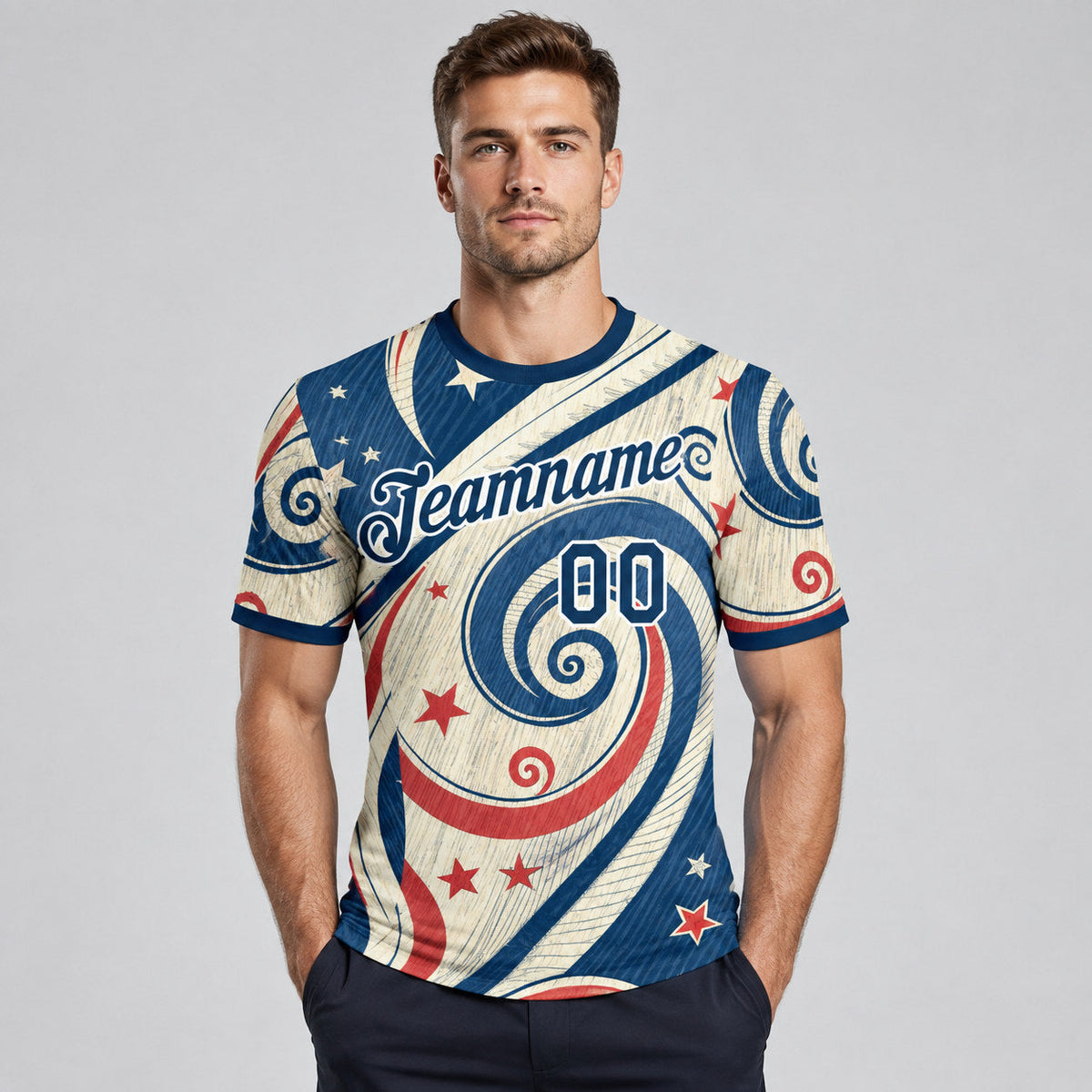 Custom Cream and Blue American Star Soccer T-Shirt with Red and White Lettering worn by male model