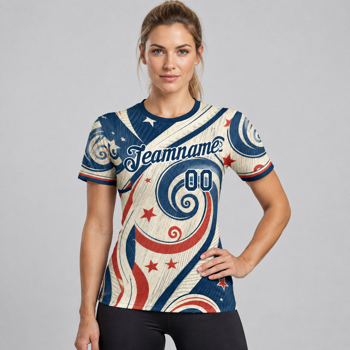 Custom Cream and Blue American Star Soccer T-Shirt with Red and White Lettering worn by female model