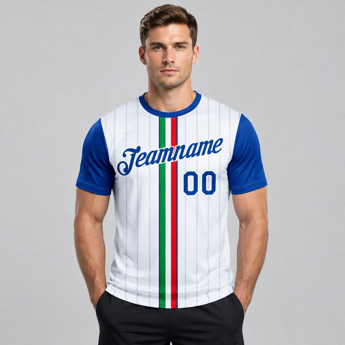 Custom White and Royal Italy Stripe Soccer T-Shirt with Red and Green Lettering worn by male model