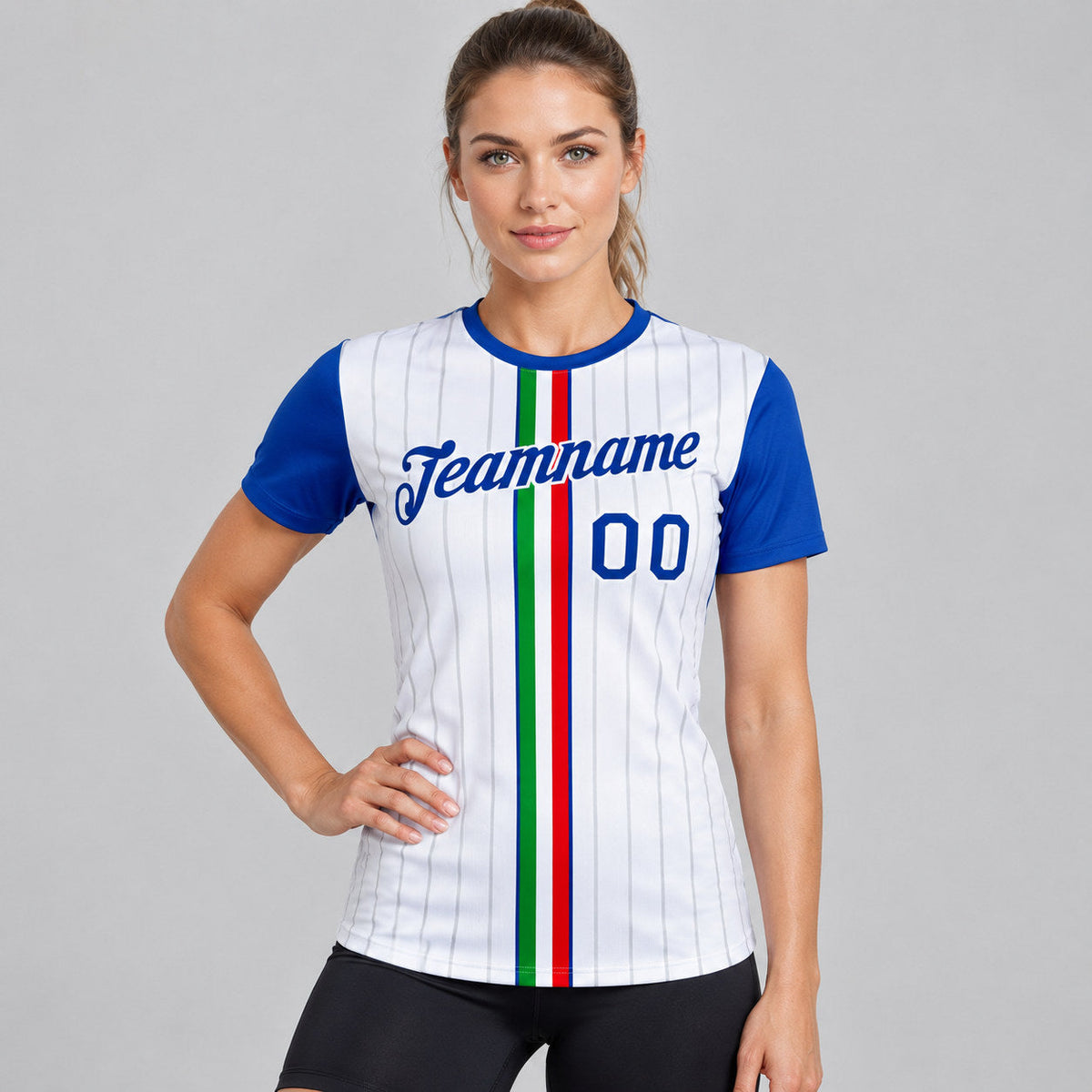 Custom White and Royal Italy Stripe Soccer T-Shirt with Red and Green Lettering worn by female model