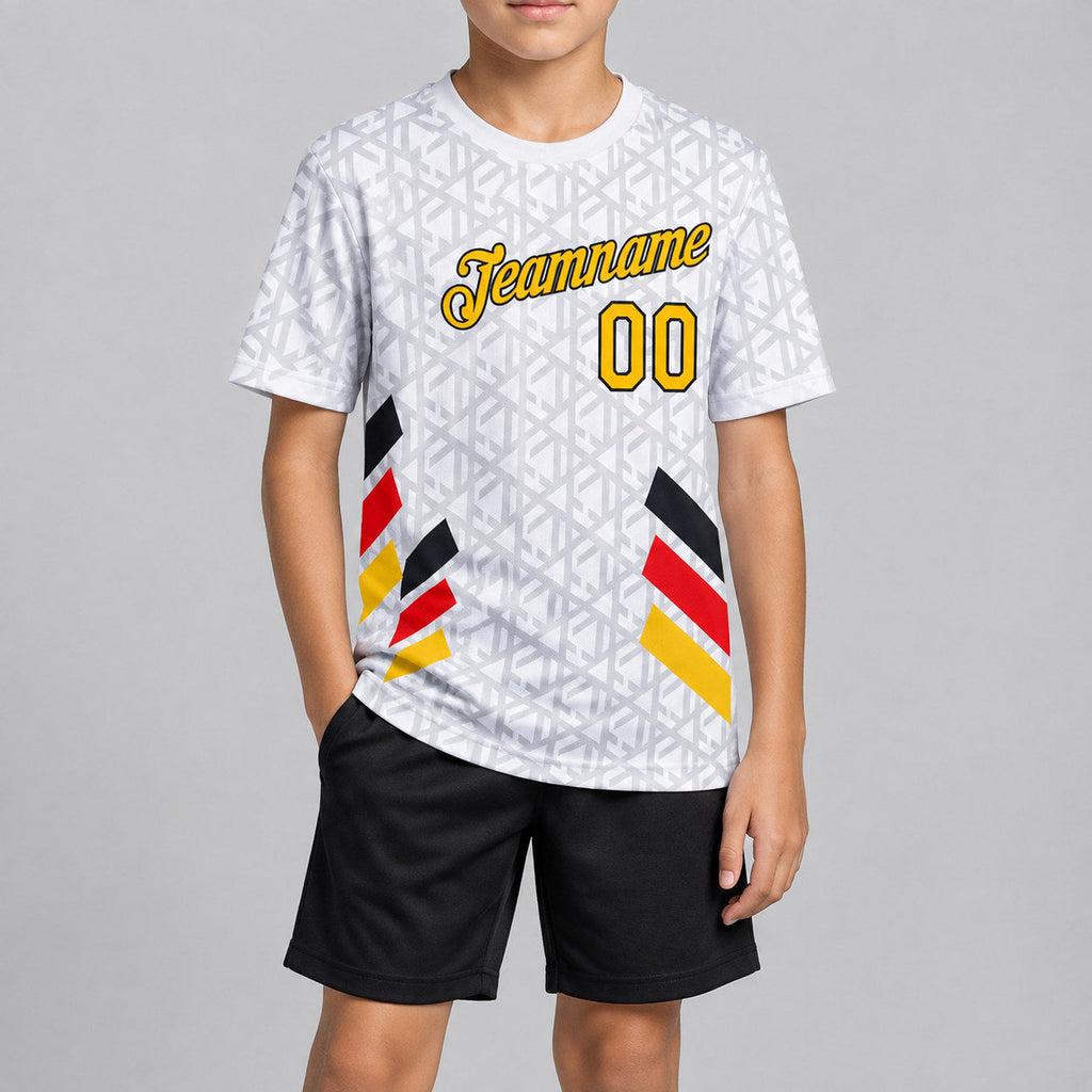 Custom White and Yellow and Red Germany Geometric Soccer T-Shirt with Gray and Black Lettering youth size worn by child model