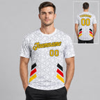 Custom White and Yellow and Red Germany Geometric Soccer T-Shirt with Gray and Black Lettering worn by male model