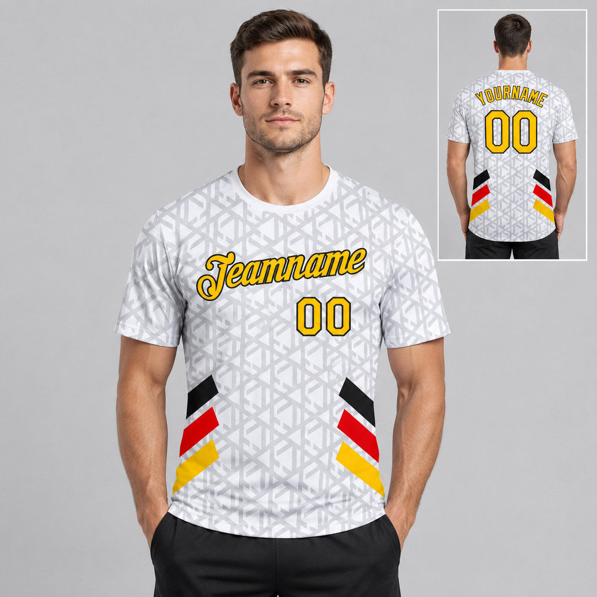 Custom White and Yellow and Red Germany Geometric Soccer T-Shirt with Gray and Black Lettering worn by male model