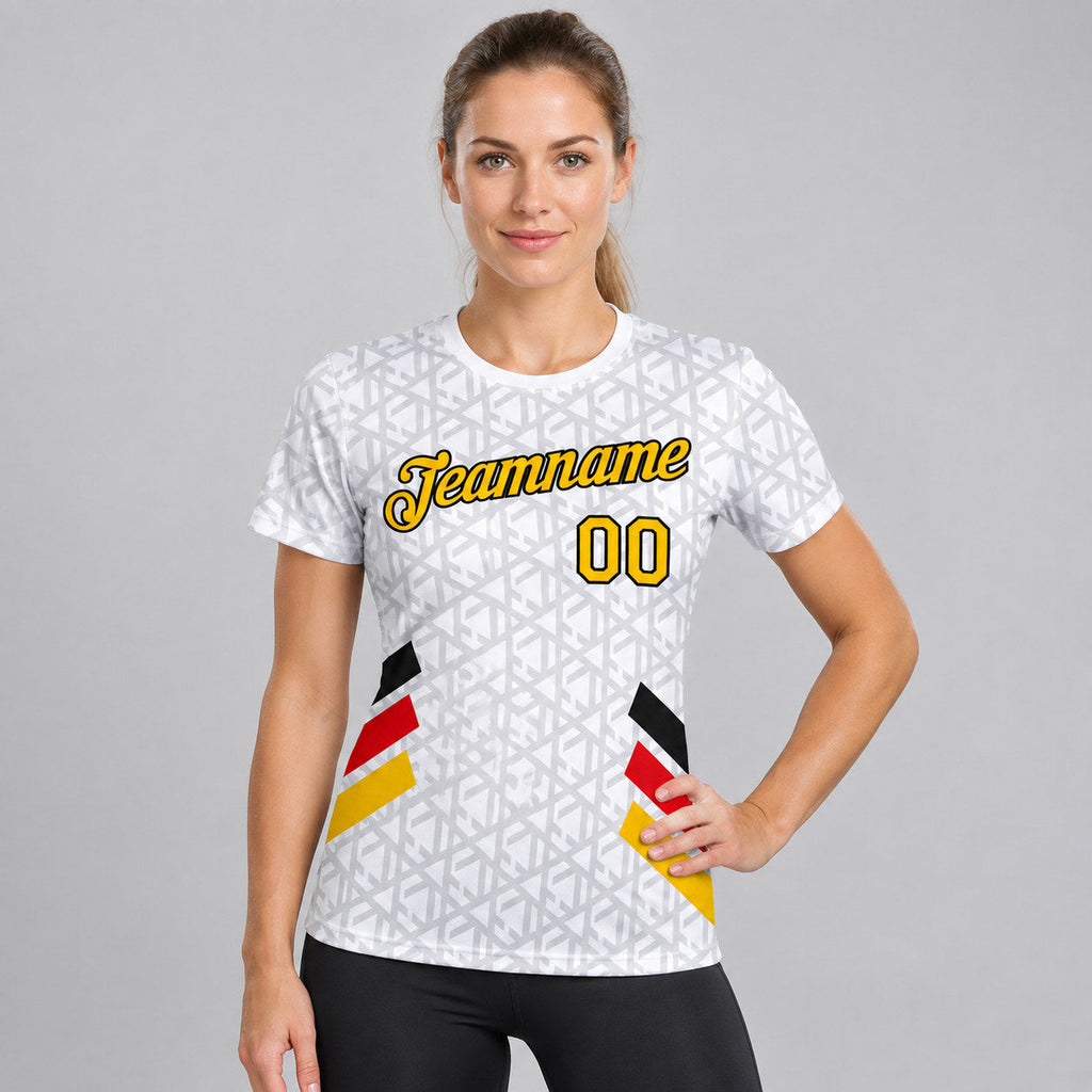 Custom White and Yellow and Red Germany Geometric Soccer T-Shirt with Gray and Black Lettering worn by female model