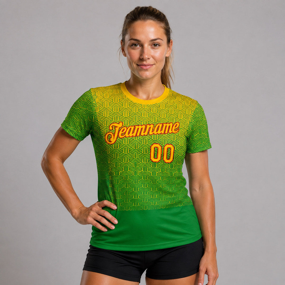 Custom Green Brazil Abstract Line Soccer T-Shirt with Yellow and Red Lettering worn by female model