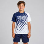 Custom White Modern Polka Dot Sublimated Soccer Jersey with Navy Lettering youth size worn by child model