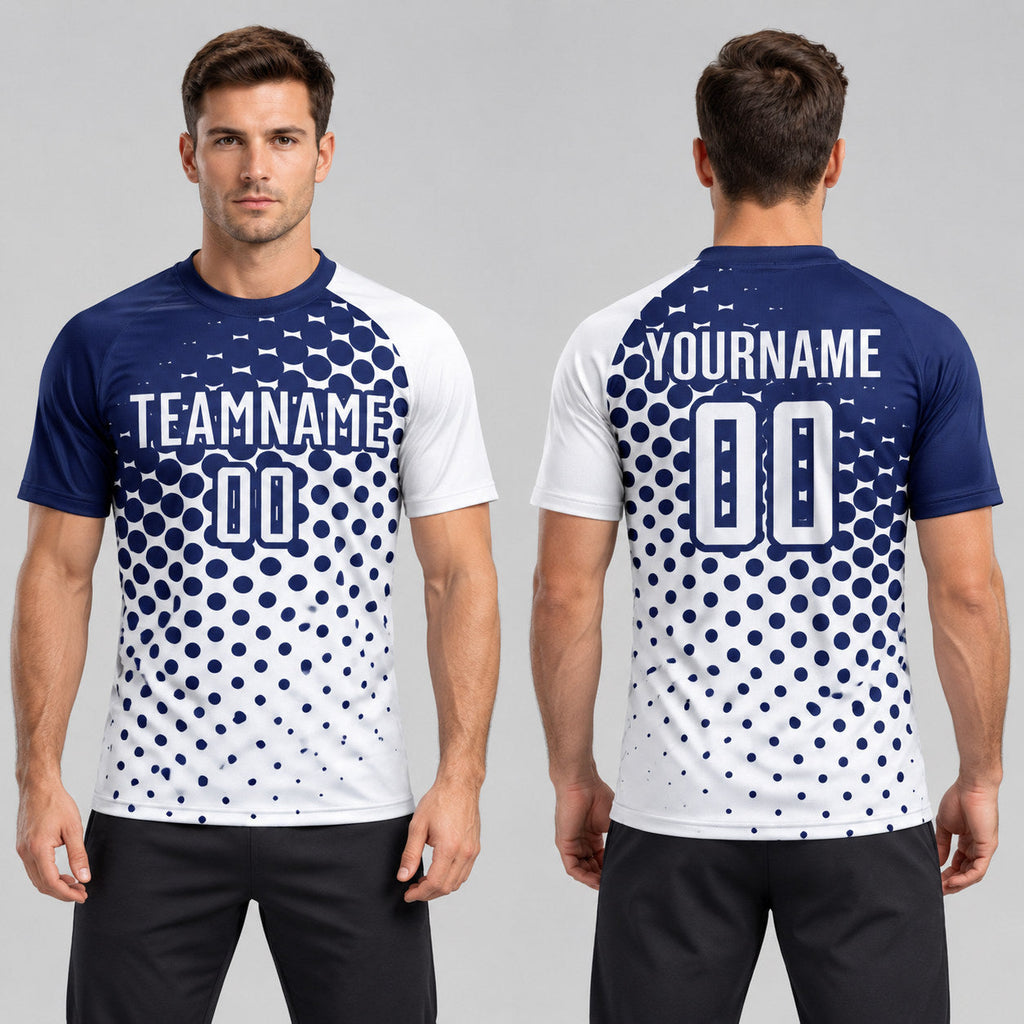 Custom White Modern Polka Dot Sublimated Soccer Jersey with Navy Lettering worn by male model