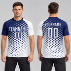 Custom White Modern Polka Dot Sublimated Soccer Jersey with Navy Lettering worn by male model