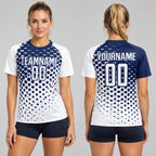 Custom White Modern Polka Dot Sublimated Soccer Jersey with Navy Lettering worn by female model