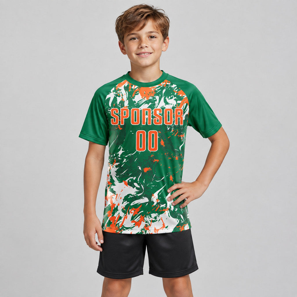 Custom Kelly Green Fluid Art Splash Sublimated Soccer Jersey with Orange and White Lettering youth size worn by child model