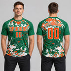 Custom Kelly Green Fluid Art Splash Sublimated Soccer Jersey with Orange and White Lettering worn by male model