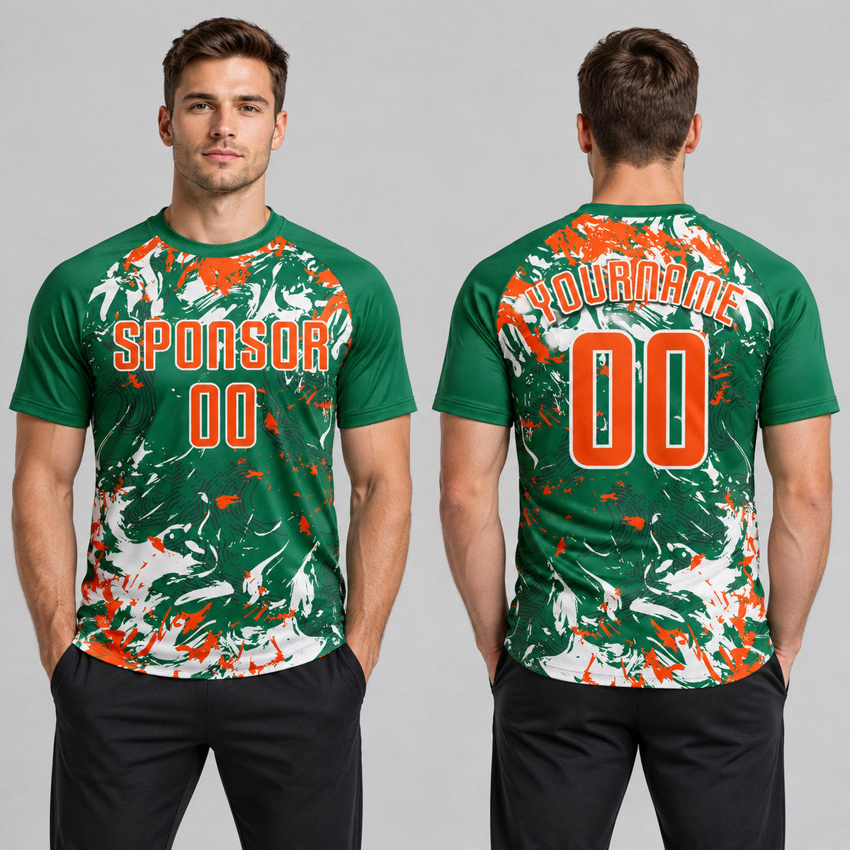 Custom Kelly Green Fluid Art Splash Sublimated Soccer Jersey with Orange and White Lettering worn by male model
