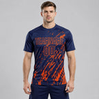Custom Navy Splash Sublimated Soccer Jersey with Orange Lettering worn by male model