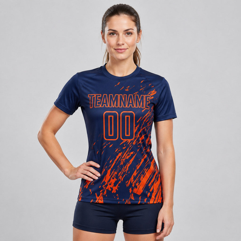 Custom Navy Splash Sublimated Soccer Jersey with Orange Lettering worn by female model