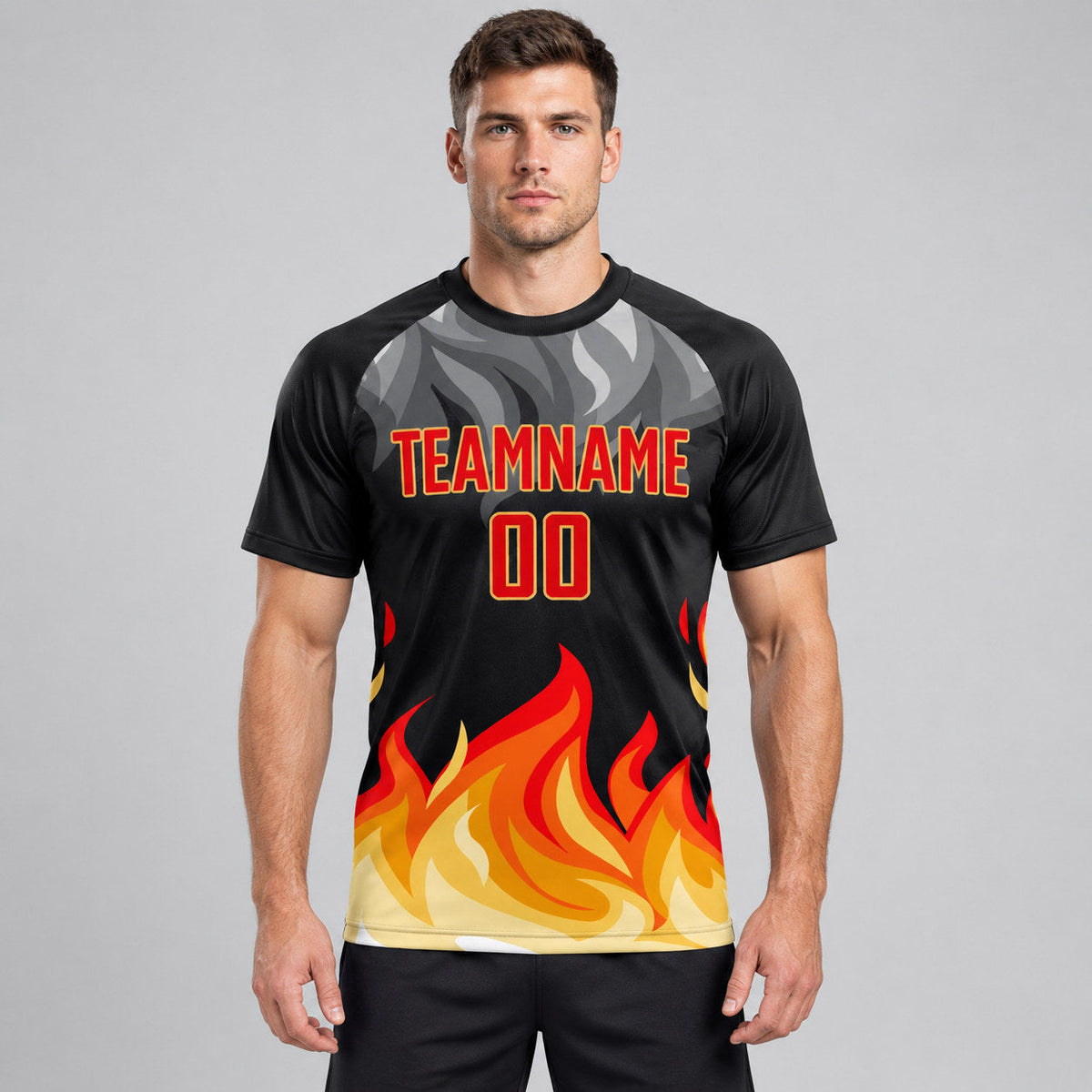 Custom Black and Gray Flame Sublimated Soccer Jersey with Red and Gold Lettering Design 1942 worn by male model