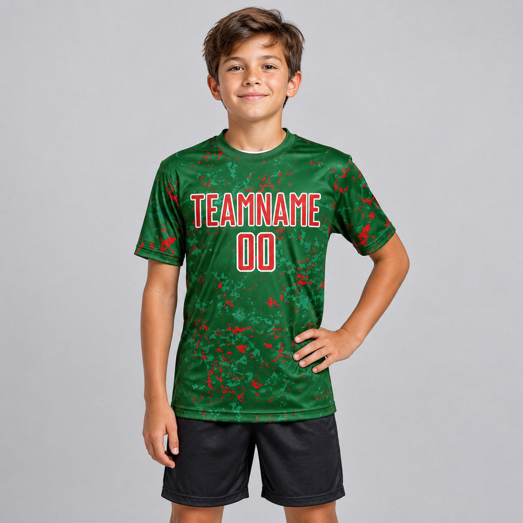 Custom Green Abstract Fragment Art Sublimated Soccer Jersey with Red and Kelly Green Lettering youth size worn by child model