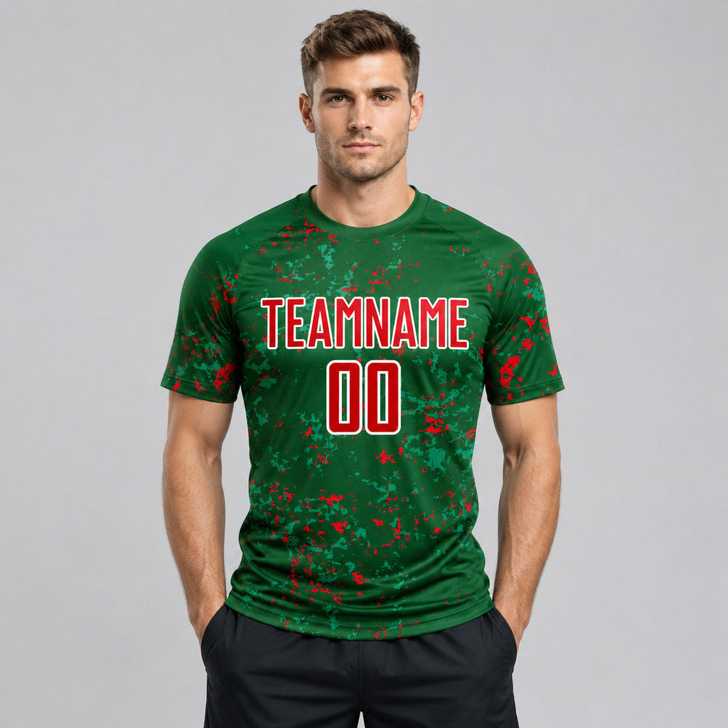 Custom Green Abstract Fragment Art Sublimated Soccer Jersey with Red and Kelly Green Lettering worn by male model