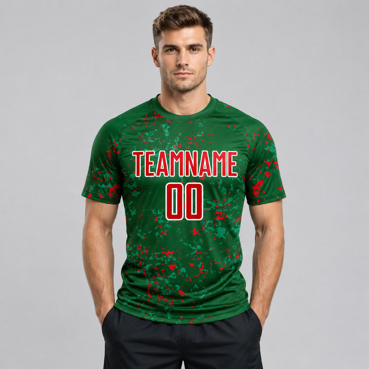 Custom Green Abstract Fragment Art Sublimated Soccer Jersey with Red and Kelly Green Lettering worn by male model