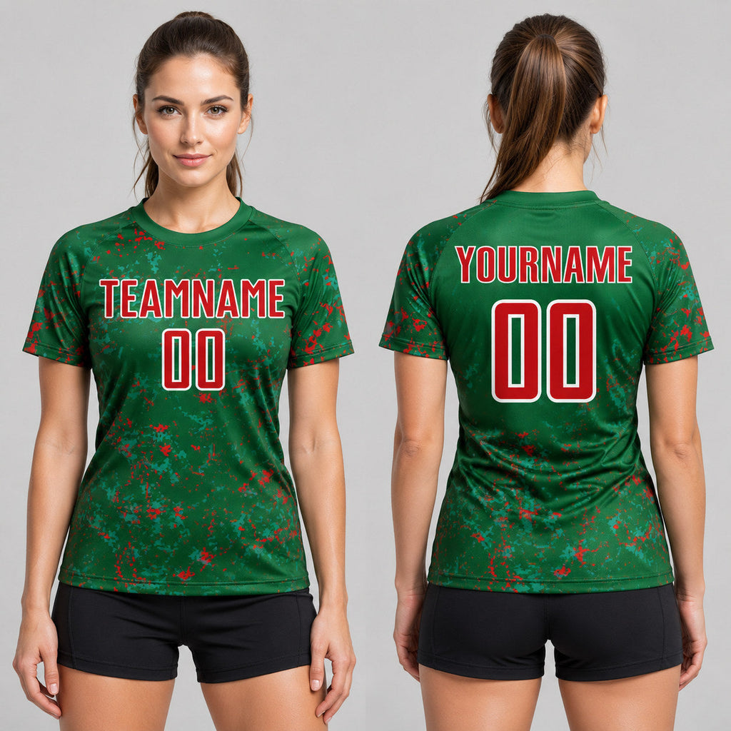 Custom Green Abstract Fragment Art Sublimated Soccer Jersey with Red and Kelly Green Lettering worn by female model