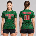Custom Green Abstract Fragment Art Sublimated Soccer Jersey with Red and Kelly Green Lettering worn by female model