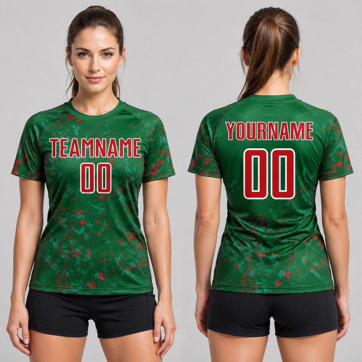 Custom Green Abstract Fragment Art Sublimated Soccer Jersey with Red and Kelly Green Lettering worn by female model