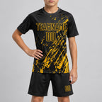 Custom Black Sublimated Soccer Jersey with Gold Lettering Design 0967 youth size worn by child model