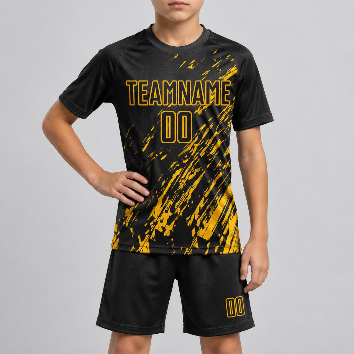 Custom Black Sublimated Soccer Jersey with Gold Lettering Design 0967 youth size worn by child model