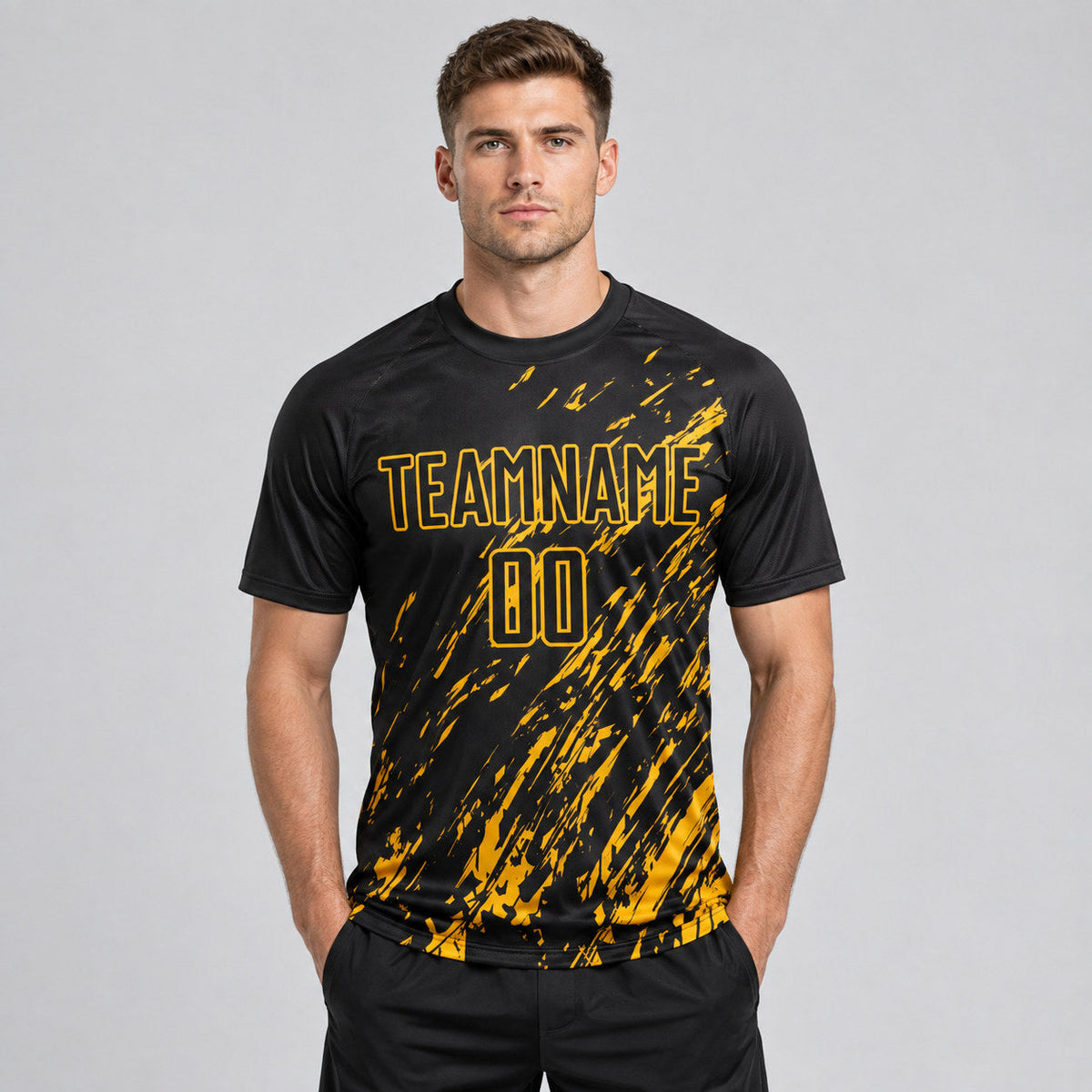 Custom Black Sublimated Soccer Jersey with Gold Lettering Design 0967 worn by male model