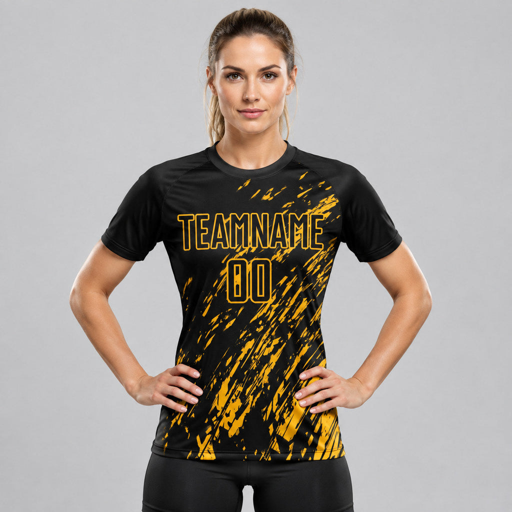 Custom Black Sublimated Soccer Jersey with Gold Lettering Design 0967 worn by female model