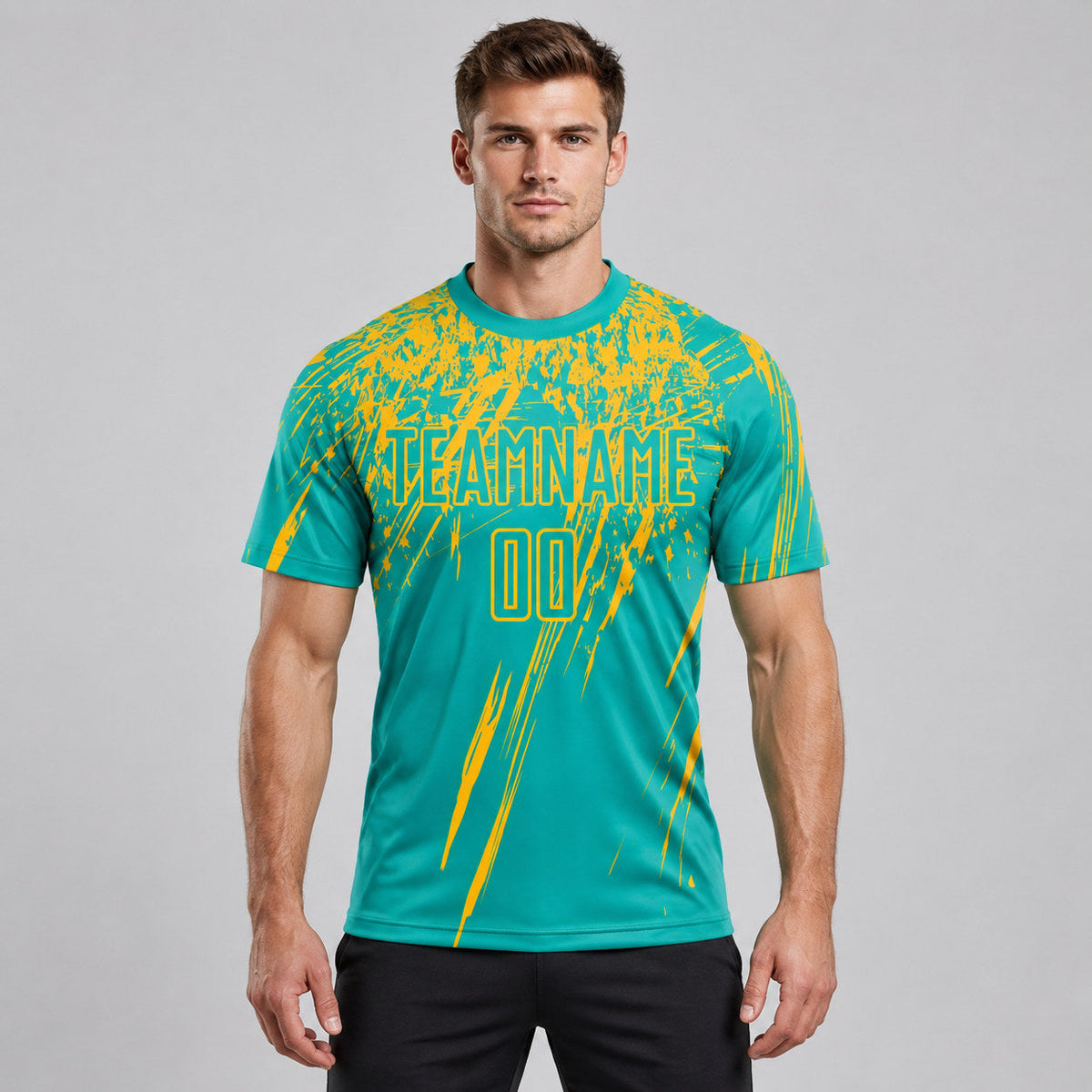 Custom Aqua Sublimated Soccer Jersey with Gold Lettering worn by male model