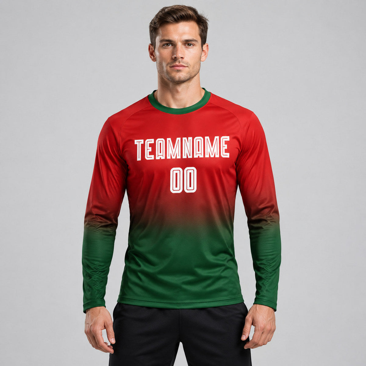 Custom Red Fade Long Sleeve Sublimated Soccer Jersey with White and Green Lettering worn by male model