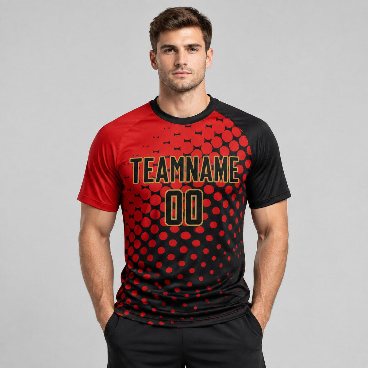 Custom Red Sublimated Soccer Jersey with Black and Old Gold Lettering Design 0877 worn by male model