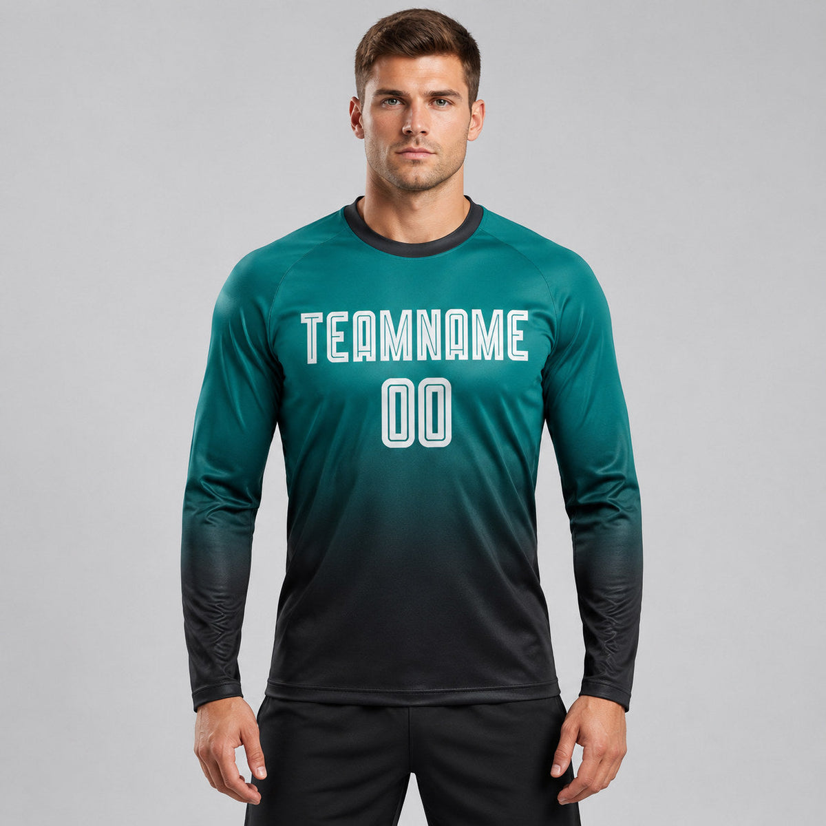 Custom Teal Fade Long Sleeve Sublimated Soccer Jersey with White and Black Lettering worn by male model