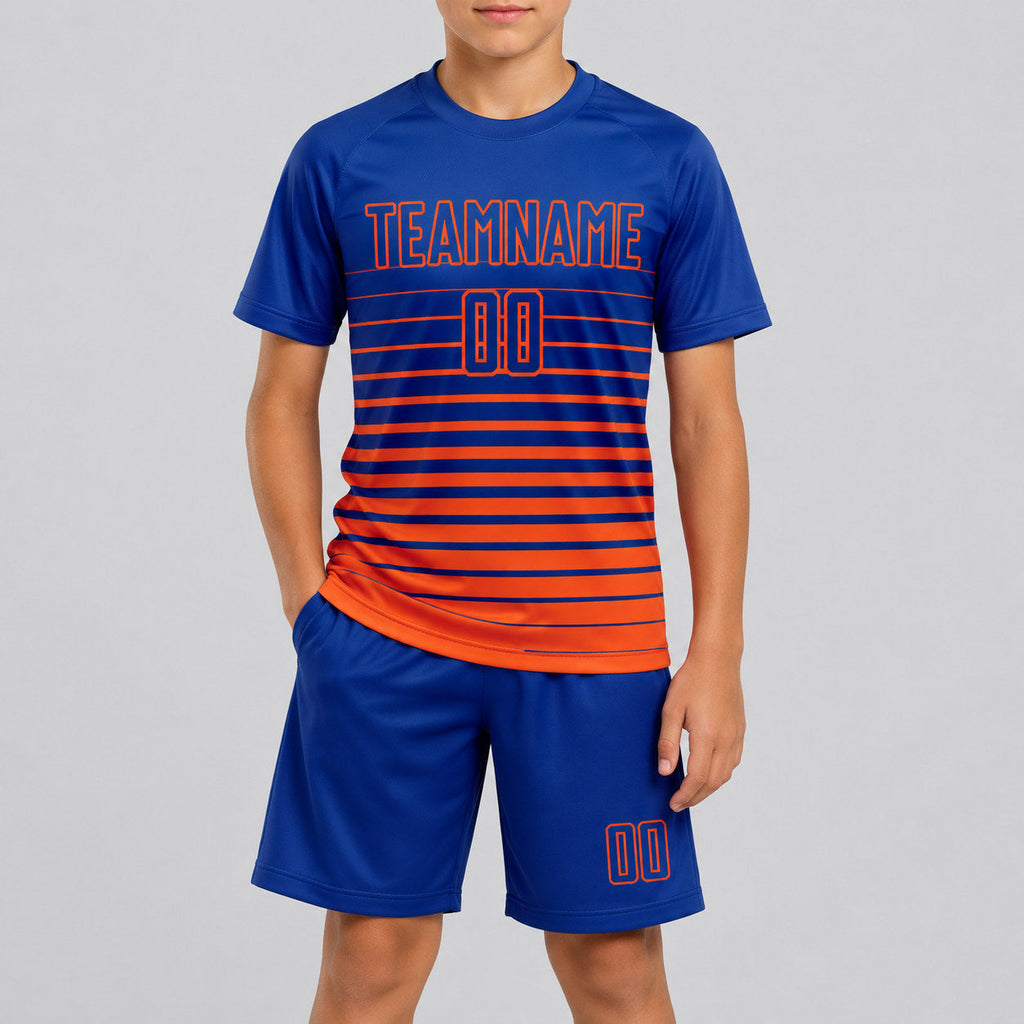 Custom Royal Fade Pinstripe Sublimated Soccer Jersey with Orange Lettering youth size worn by child model