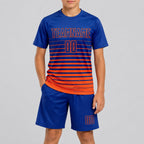 Custom Royal Fade Pinstripe Sublimated Soccer Jersey with Orange Lettering youth size worn by child model