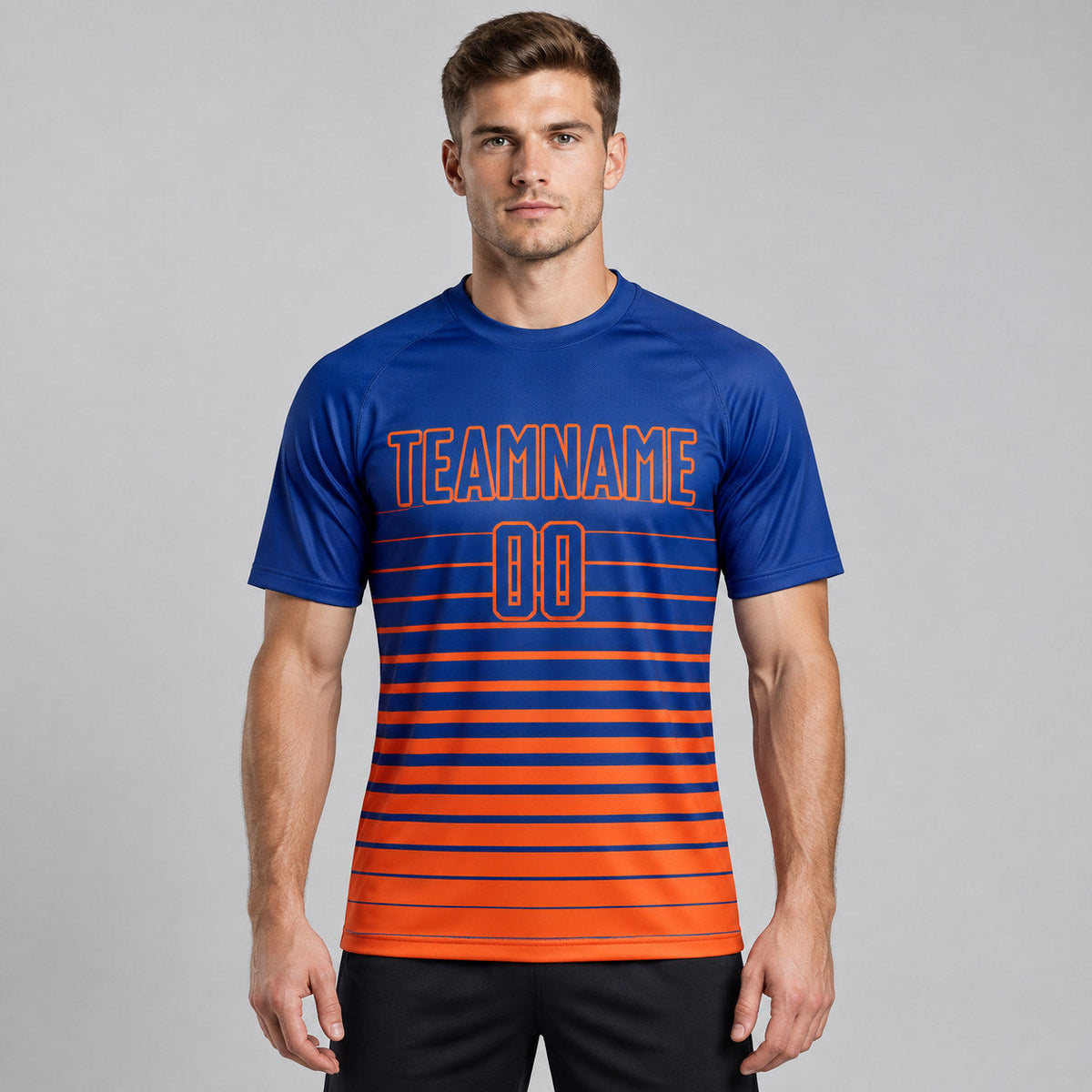 Custom Royal Fade Pinstripe Sublimated Soccer Jersey with Orange Lettering worn by male model