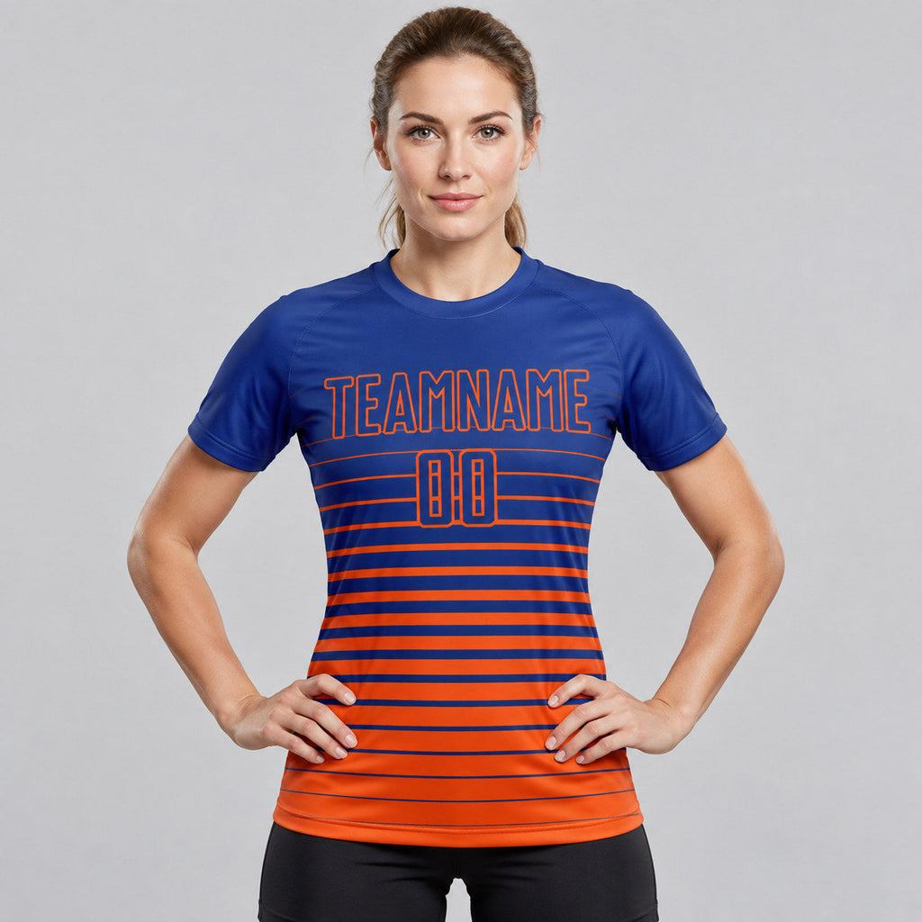 Custom Royal Fade Pinstripe Sublimated Soccer Jersey with Orange Lettering worn by female model