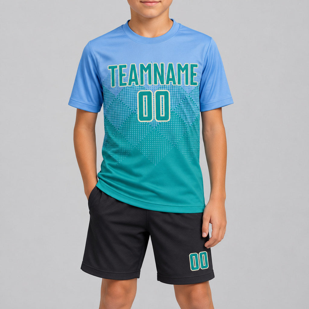 Custom Light Blue Sublimated Soccer Jersey with Teal and Cream Lettering youth size worn by child model