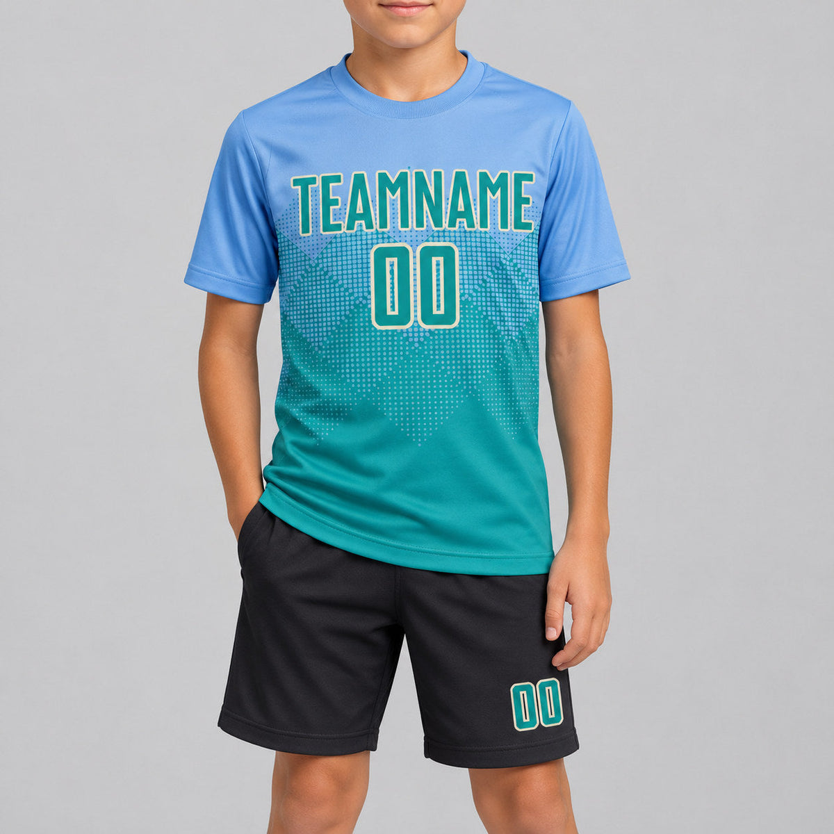 Custom Light Blue Sublimated Soccer Jersey with Teal and Cream Lettering youth size worn by child model