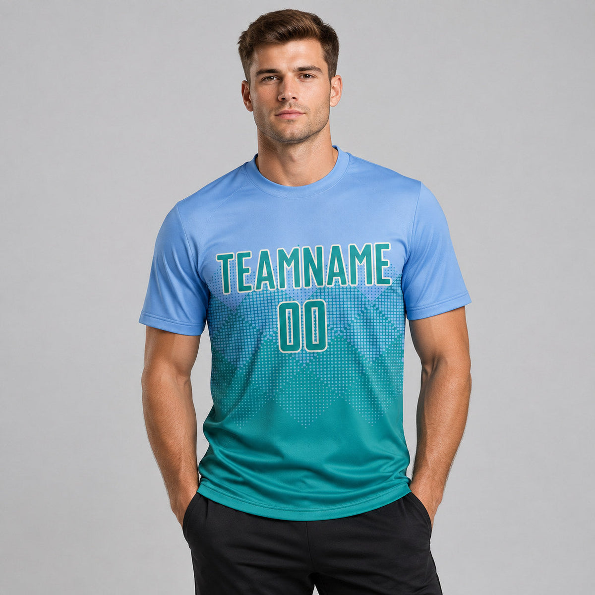 Custom Light Blue Sublimated Soccer Jersey with Teal and Cream Lettering worn by male model