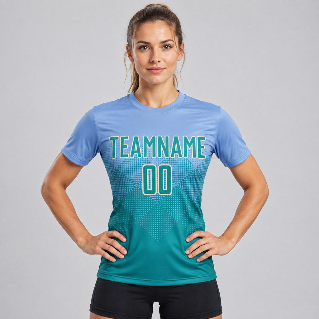 Custom Light Blue Sublimated Soccer Jersey with Teal and Cream Lettering worn by female model