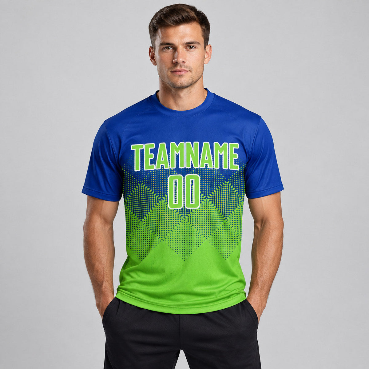 Custom Royal Sublimated Soccer Jersey with Neon Green and White Lettering worn by male model