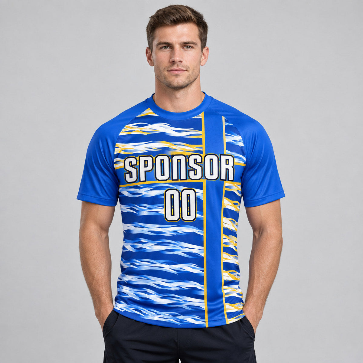Custom Royal and White Sublimated Soccer Jersey with Navy and Gold Lettering worn by male model