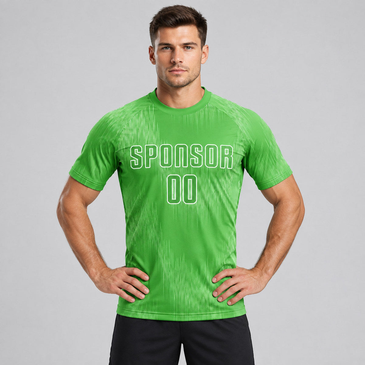 Custom Neon Green Sublimated Soccer Jersey with Neon Green and White Lettering worn by male model