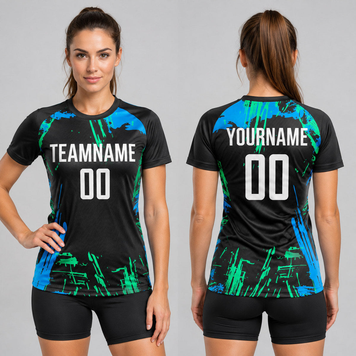Custom Black Sublimated Soccer Jersey with White and Light Blue Lettering Design 0129 worn by female model