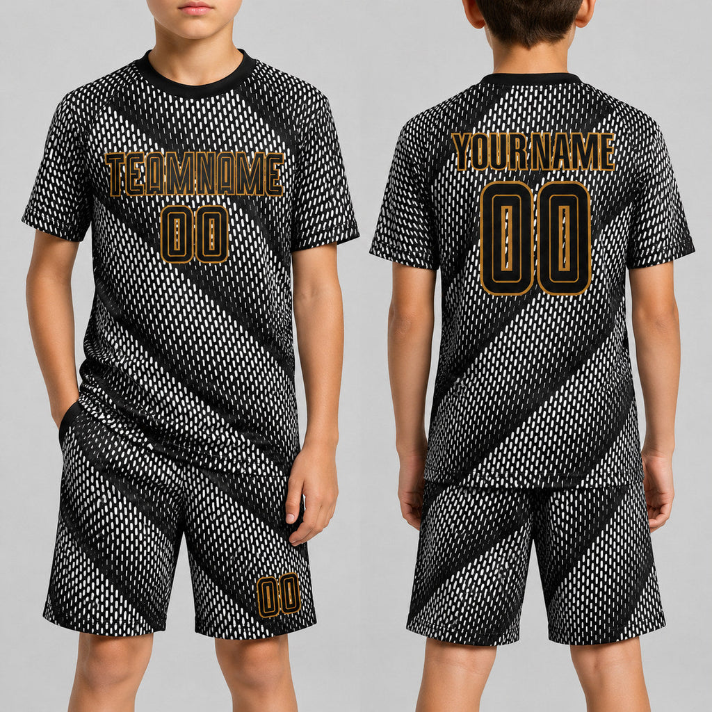 Custom Black Sublimated Soccer Jersey with Black and Old Gold Lettering Design 0005 youth size worn by child model
