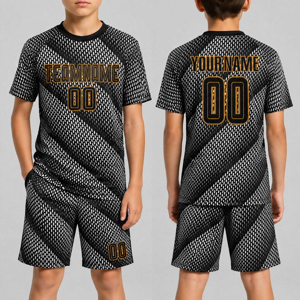 Custom Black Sublimated Soccer Jersey with Black and Old Gold Lettering Design 0005 youth size worn by child model