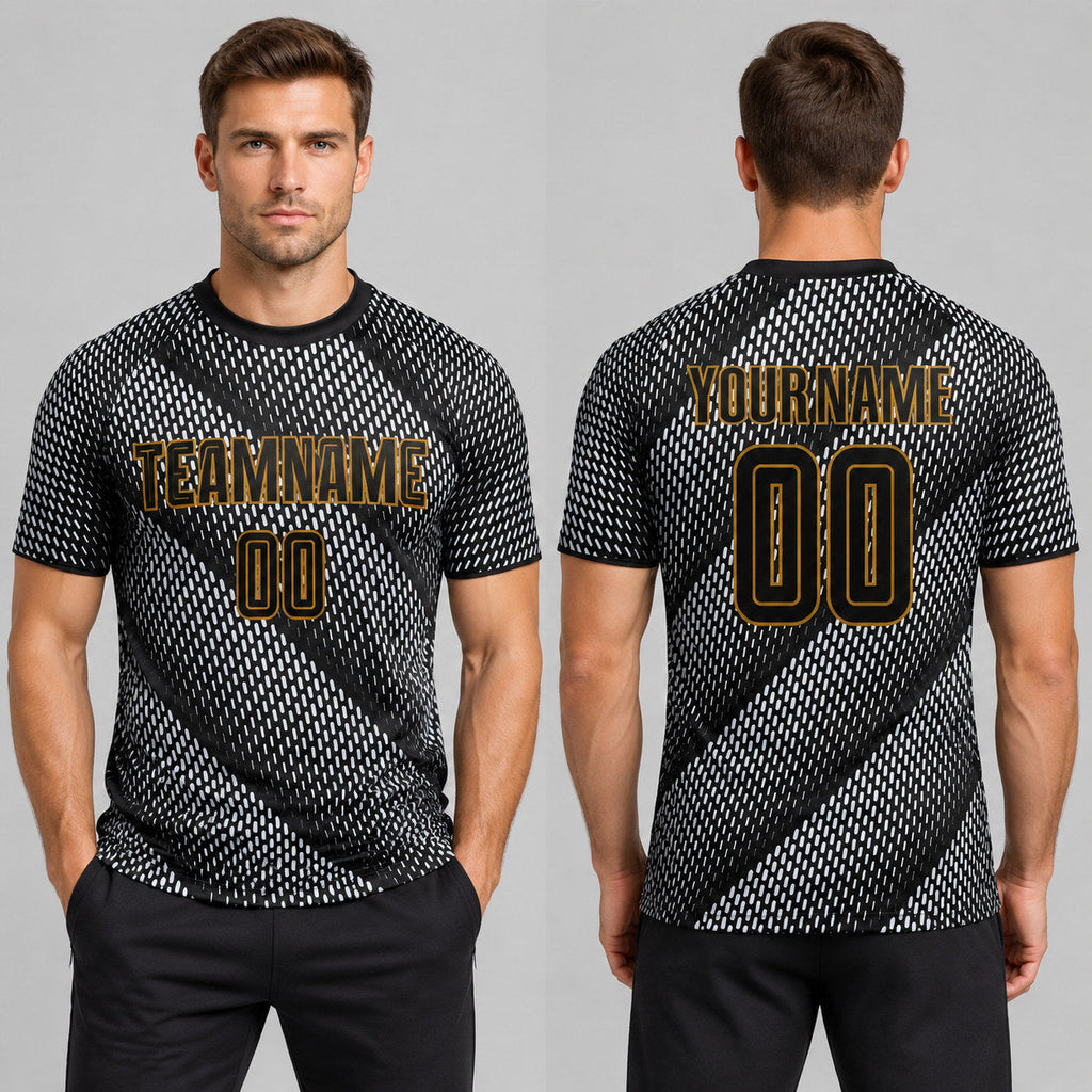 Custom Black Sublimated Soccer Jersey with Black and Old Gold Lettering Design 0005 worn by male model