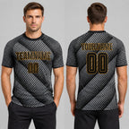 Custom Black Sublimated Soccer Jersey with Black and Old Gold Lettering Design 0005 worn by male model