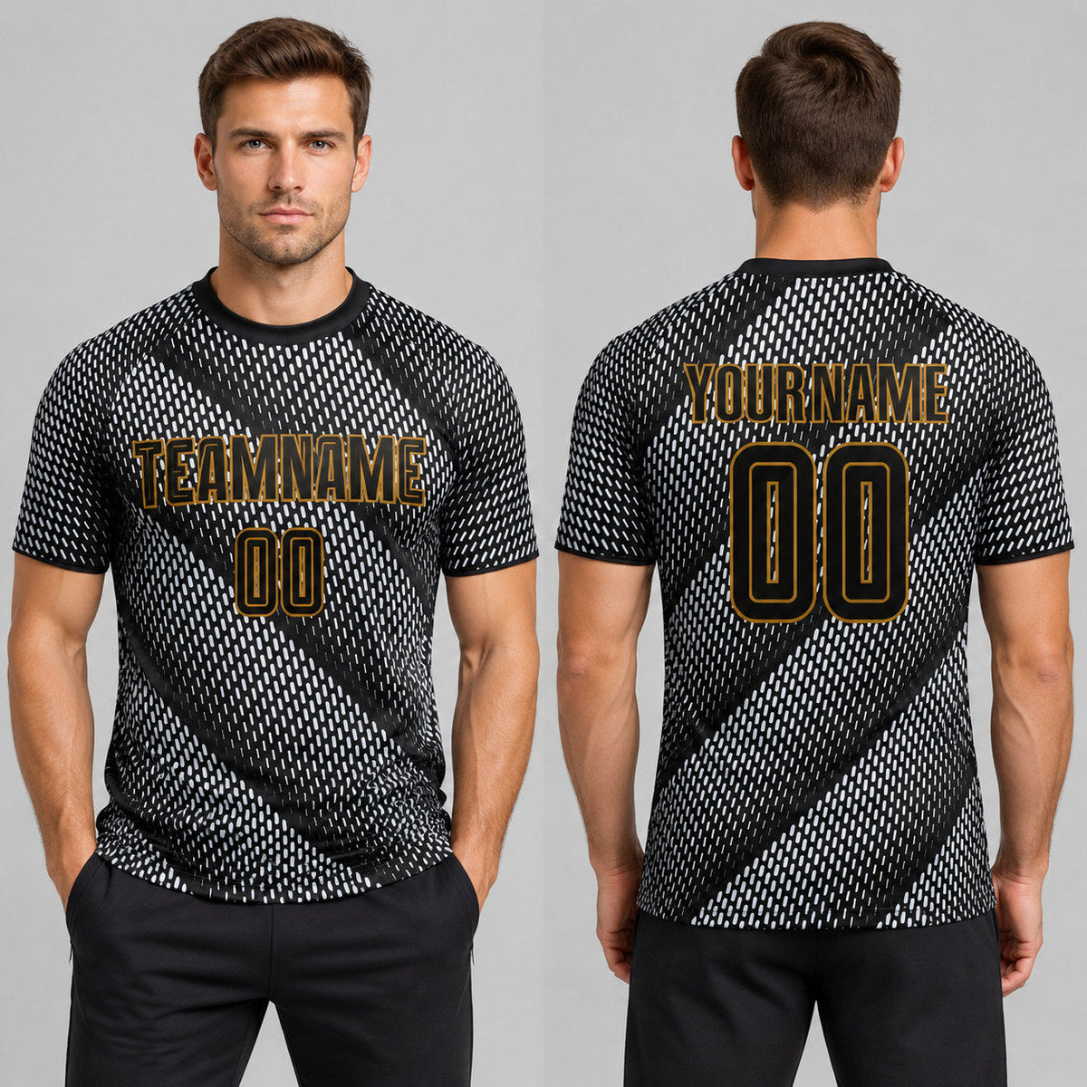Custom Black Sublimated Soccer Jersey with Black and Old Gold Lettering Design 0005 worn by male model
